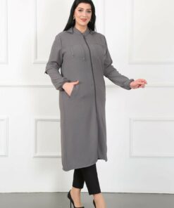 کت شلواری زنانه با جزئیات فلزی، پارچه آیروبین، سایز بزرگ، رنگ خاکستری کد 1742317988