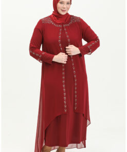 پیراهن مجلسی بزرگ سایز با طرح سنگی، کد 5066A-05، رنگ قرمز بورگوندی. کد 1742334122