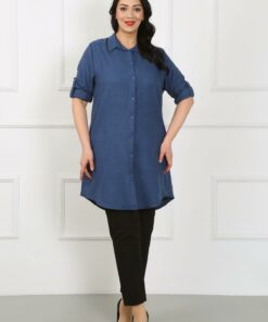 تونیک بزرگ سایز زنانه با رنگ لاجوردی و پارچه نرمال کتان کد 1742348463