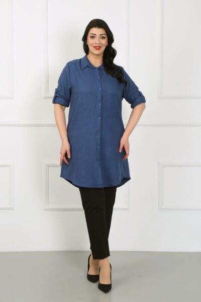 تونیک بزرگ سایز زنانه با رنگ لاجوردی و پارچه نرمال کتان کد 1742348463