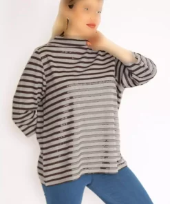 بلوز راه‎راه بدون یقه سایز بزرگ طوسی زنانه برند Şans کد 1742312524