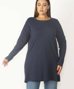 تونیك بلند زنانه بزرگ‌سایز یك‌هشت رنگ سرمه‌ای از پنبه، آستین بلند. کد 1742229728