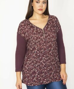 بلوز زنانه بزرگ سایز، با طرح جلویی، زیپ دار و آستین‌های کپری به رنگ مایل به بنفش شماره 65n34386. کد 1742177527