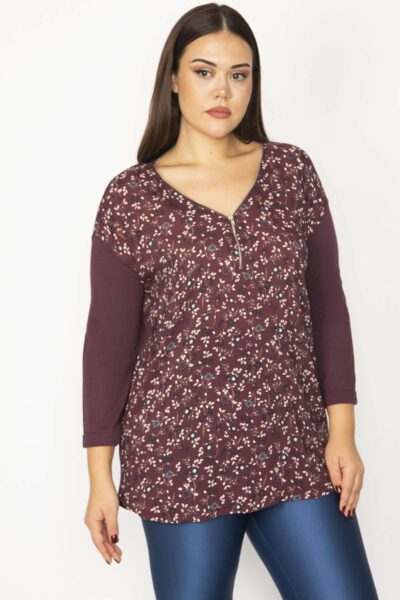 بلوز زنانه بزرگ سایز، با طرح جلویی، زیپ دار و آستین‌های کپری به رنگ مایل به بنفش شماره 65n34386. کد 1742177527