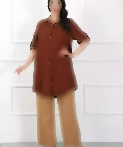 مانتو تونیک سایز بزرگ کتان نرم شتری زنانه برند By Alba Collection کد 1742337730