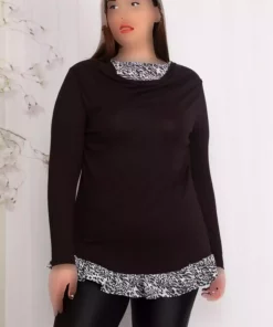 بلوز ابریشم مصنوعی یقه طرح‎دار گارنیلی پلنگی سایز بزرگ مشکی زنانه برند Şans کد 1742308268