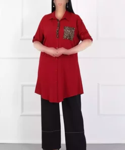 مانتو تونیک سایز بزرگ جیب دار ابریشم مصنوعی پنبه پلنگی زرشکی زنانه برند By Alba Collection کد 1742334130