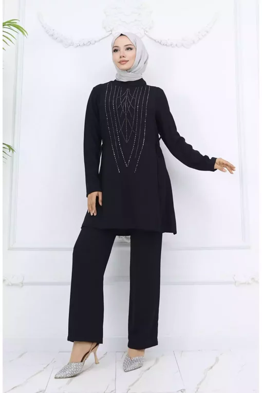 ست 4مشکی نگین دار گره‎دار شلوار تونیک مجلسی برند sefamerve کد 1743435608