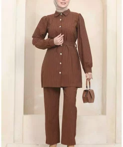 ست دکمه‎دار راه‎راه قهوه‎ای برند sefamerve کد 1742249470