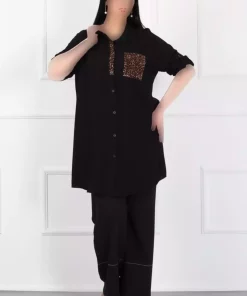 مانتو تونیک سایز بزرگ جیب دار ابریشم مصنوعی پنبه پلنگی مشکی زنانه برند By Alba Collection کد 1742334192