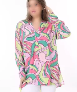 تونیک پارچه ابریشم مصنوعی بافته شده یقه دار هفت چاک سایز بزرگ رنگی زنانه برند Şans کد 1742219590