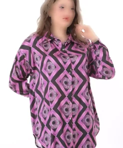 بلوز دکمه‎دار در ساتن سایز بزرگ صورتی زنانه برند Şans کد 1742177528