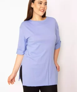 بلوز چاک دار آستین سایز بزرگ نیلی زنانه برند Şans کد 1742308269