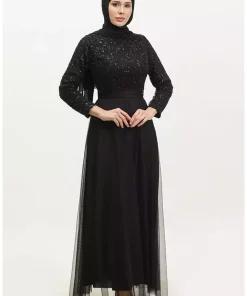 لباس مجلسی 19مشکی توری کمربند دار برند sefamerve کد 1742236923