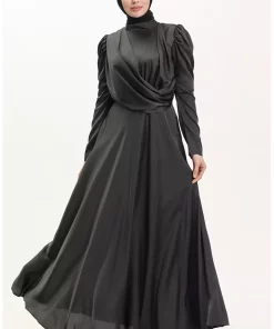 لباس مجلسی ساتن جلو خاکستری آنتراسیت تیره برند sefamerve کد 1742240463