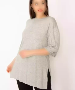 بلوز چاک دار آستین سایز بزرگ طوسی زنانه برند Şans کد 1742312465