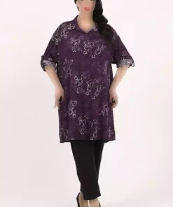 مانتو تونیک سایز بزرگ ابریشم مصنوعی پنبه طرح‎دار بنفش زنانه برند By Alba Collection کد 1742334183
