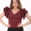 بلوز آستین دار مخفی عقب والان سایز بزرگ زیپدار زرشکی زنانه برند Şans کد 1742307370