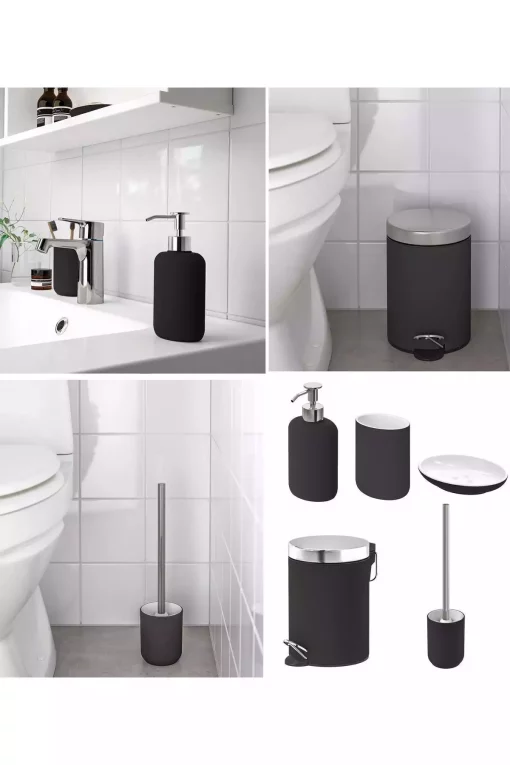 فرچه دستشویی ظرف صابون سطل زباله ست سرویس بهداشتی دندان مشکی (چینی) (فولاد) برند IKEA کد 1748323442
