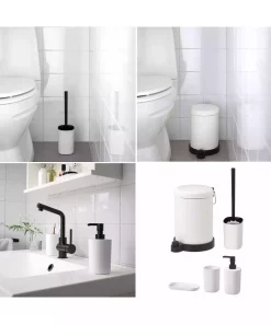 فرچه دستشویی ظرف صابون سطل زباله ست سرویس بهداشتی پلاستیکی فولادی دندان سفید برند IKEA کد 1748323387