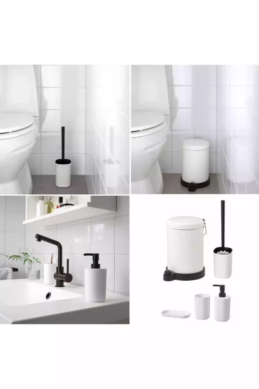 فرچه دستشویی ظرف صابون سطل زباله ست سرویس بهداشتی پلاستیکی فولادی دندان سفید برند IKEA کد 1748323387