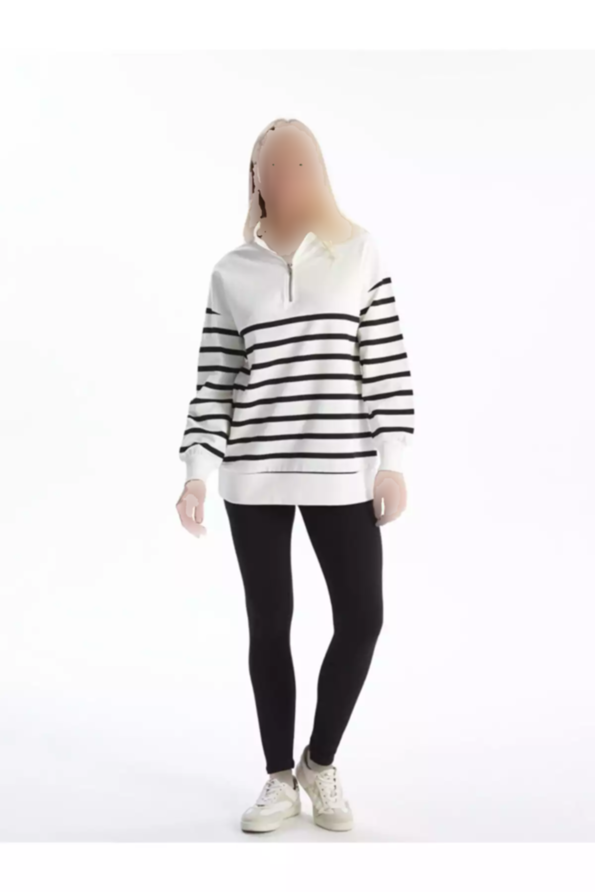 سوییشرت راحت راهراه یقه ایستاده زنانه مشکی برند LC Waikiki کد 1750995664