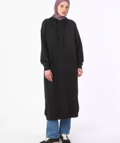 سوییشرت قالب راحت کلاهدار جیب دار بلند من مشکی برند Refka کد 1753724475
