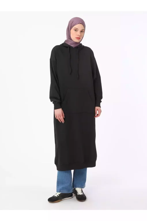 سوییشرت قالب راحت کلاهدار جیب دار بلند من مشکی برند Refka کد 1753724475