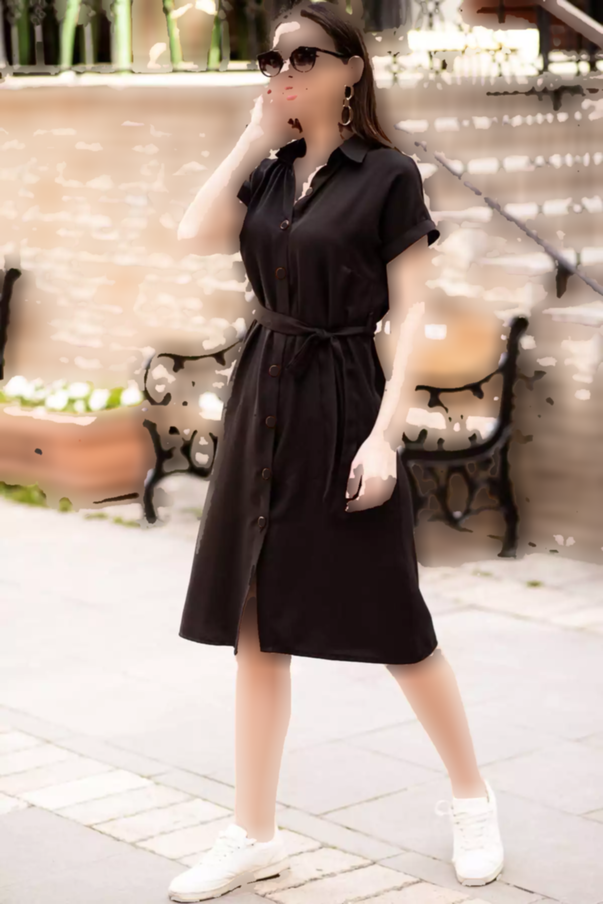 پیراهن کمر آستین کوتاه کمربنددار مشکی زنانه برند armonika کد 1753591869