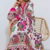 پیراهن کرم ابریشم مصنوعی طرحدار سرخابی زنانه برند Bigdart کد 1753605668
