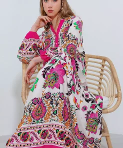 پیراهن کرم ابریشم مصنوعی طرحدار سرخابی زنانه برند Bigdart کد 1753605668