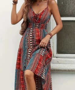 پیراهن طرحدار با یقه V و بندهای دار، کمر کشی. کد 1753550470