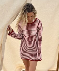 لباس ساحلی زنانه خط‌دار با آستین‌های حفره‌ای قرمز و سفید ۲۵s3024 کد 1753695727