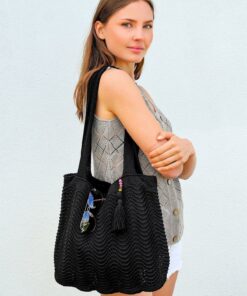 کیف روزمره زنانه با آستر و بند، مشکی، مناسب ساحل. کد 1753690983