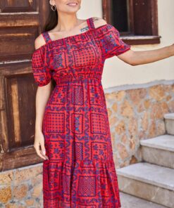 پیراهن زنانه با طرح گل و کمر کشی و بنددار کد 1753591870