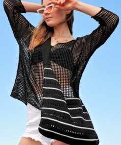 کیف روزمره و ساحلی زنانه با طرح خطی، مشکی و سفید. کد 1753696264