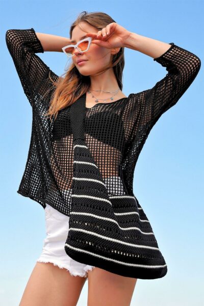 کیف روزمره و ساحلی زنانه با طرح خطی، مشکی و سفید. کد 1753696264