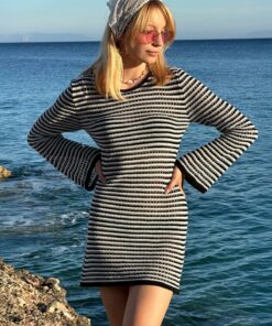 مینی لباس ساحلی زنانه با طرح خطی مشکی و سفید 25S3024 کد 1753698671