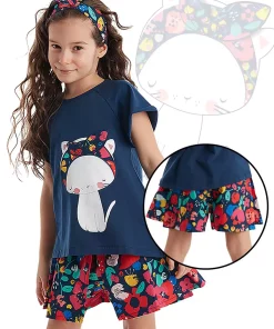 ست شلوارک تیشرت پوپلین تابستانی گربه گلدار سرمه ای دخترانه برند Denokids کد 1753823526