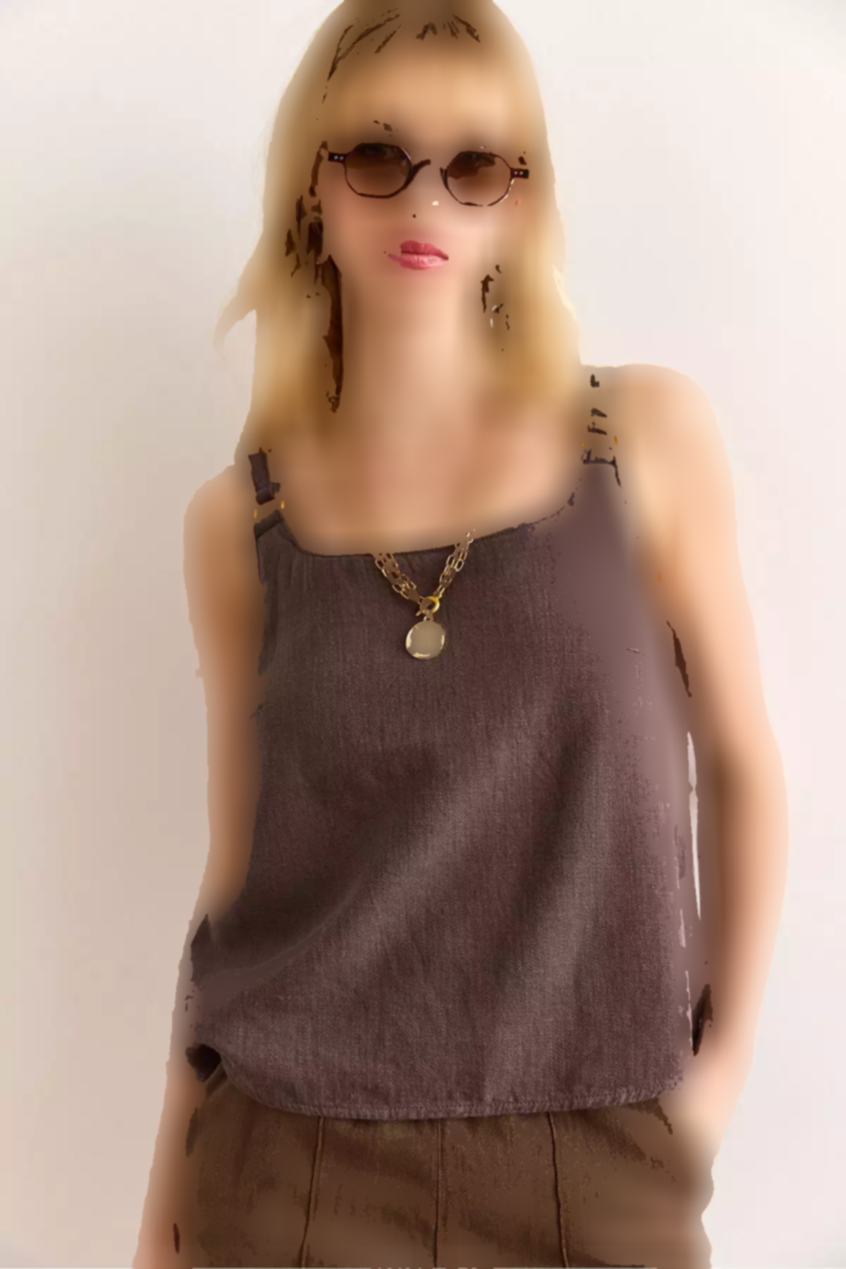 بلوز اکسسوار دار کتان قابل شستشو بند قهوه ای سموری زنانه برند Olalook کد 1753665675