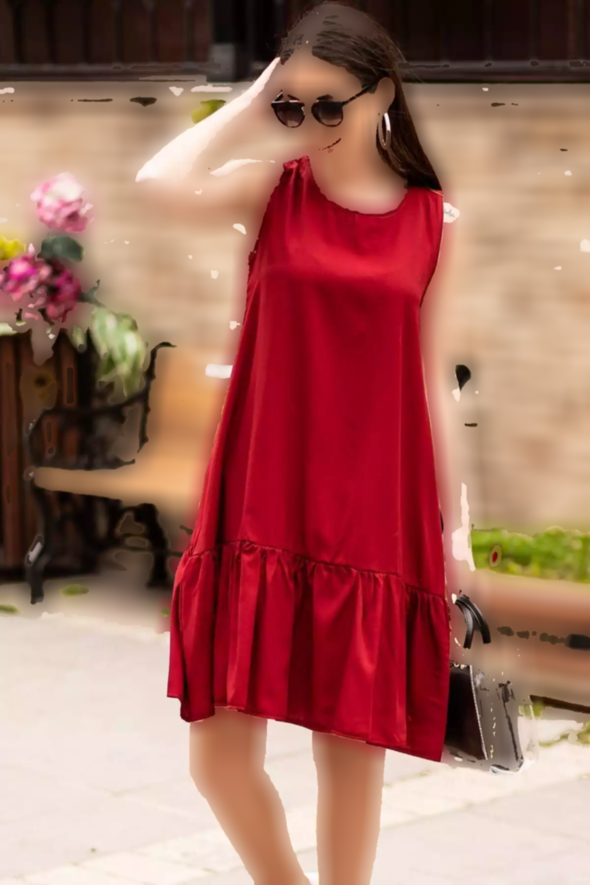 پیراهن چیندار دامن بدون آستین زرشکی زنانه برند armonika کد 1753590066