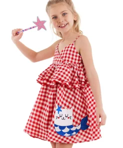 پیراهن چیندار شطرنجی گربه قرمز بنددار دخترانه برند Denokids کد 1753823473