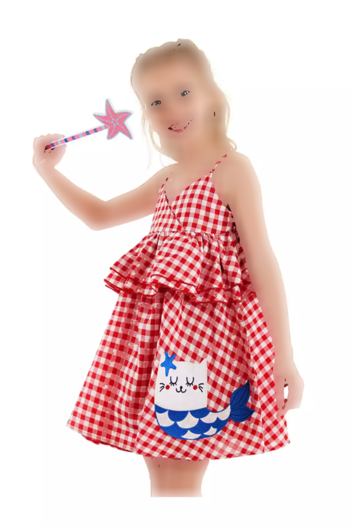 پیراهن چیندار شطرنجی گربه قرمز بنددار دخترانه برند Denokids کد 1753823473