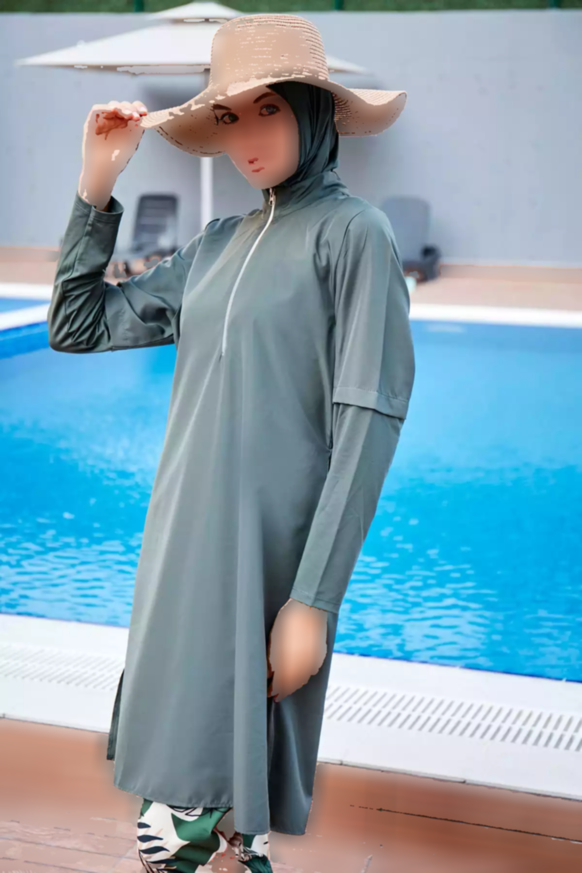مایو اسلامی پوشیده کامل برگ طرحدار یشمی برند Marina کد 1753525873