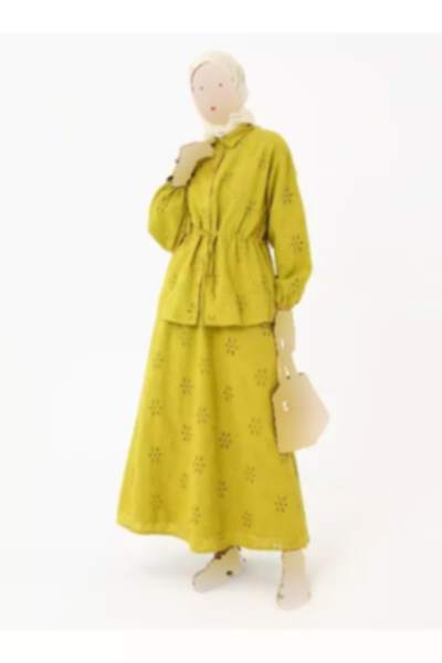 ست دوتایی تونیک دامن گلدوزی شده رفکا سبز زیتونی برند Refka کد 1753720989