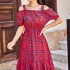 پیراهن کمر کشی طرح گلدار چهارخانه مرجانی بنددار زنانه برند armonika کد 1753591870