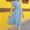 پیراهن کمر کشی ساده گرهدار طرحدار آبی زنانه برند armonika کد 1753591868