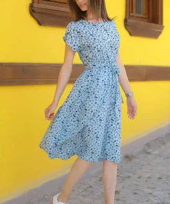 پیراهن کمر کشی ساده گرهدار طرحدار آبی زنانه برند armonika کد 1753591868