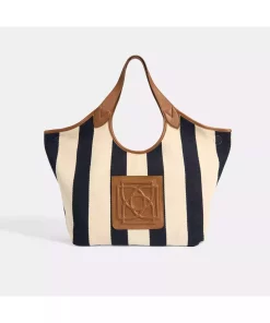 کیف دوشی پارچه راه‎راه لوگو‎دار سرمه ای زنانه برند Desa کد 1753348343