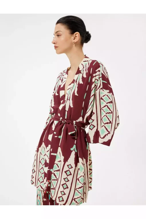کیمونو آستین دار ابریشم مصنوعی طرح ابر و باد گلدار طرح‎دار گشاد بلند کمربند پارچه ای agazat x برند Koton کد 1752763328